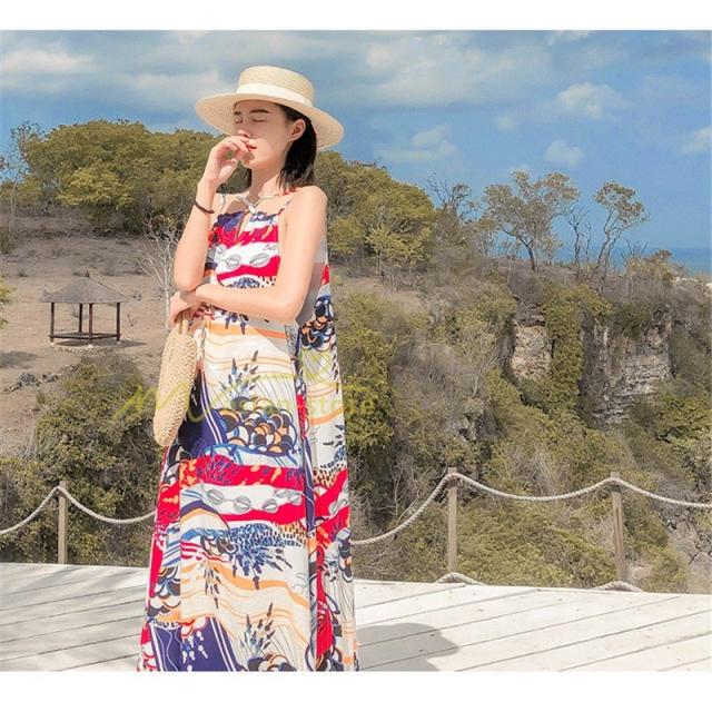 マキシワンピース リゾートワンピ 背中開き レディース キャミソール ノースリーブ セクシー ゆったり  プリーツフレア カジュアル 柄ワンピース 体型カバー マキシワンピース リゾートワンピ 背中開き レディース キャミソール