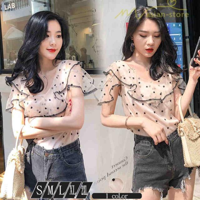 ブラウス トップス シフォン Vネック 肩だし フリル フレア袖 セクシー レディース 透け感 カジュアル 半袖 スリム レース チュール ドット柄 ファッションの通販は