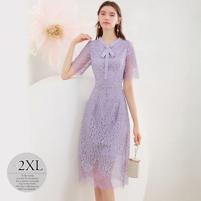 ワンピース 花柄レース 半袖 透け感 とろみ ボウタイリボン ウエストシェイプ 膝丈ワンピース ロマンティック 甘め お出かけファッション の通販は 7,880円
