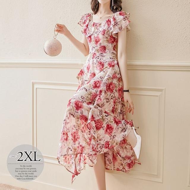 ワンピース ラウンドネック 花柄 半袖 袖フリル フリル ロングワンピース ロマンティック 甘め フェミニン 女子旅 ストリート リゾート の通販は
