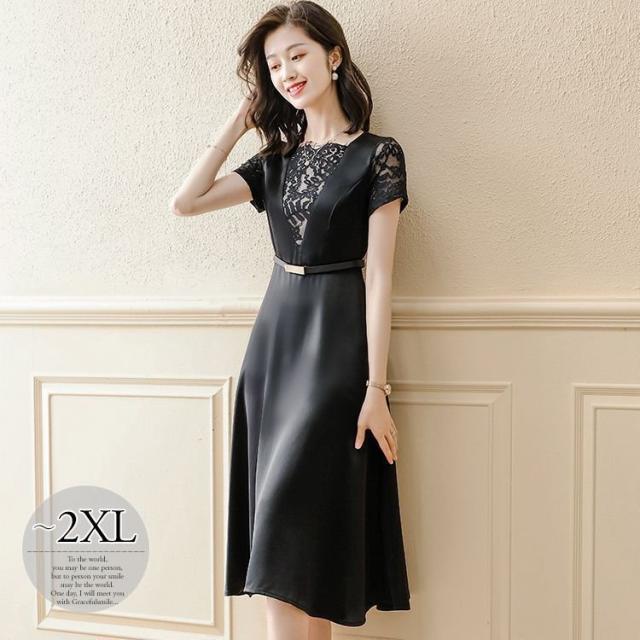 ドレス 半袖 袖レース ウエストマーク 膝下丈 クラシカル 着やせ シンプル 胸元レース 女子旅 可愛い 女子会 ママ デート ガーリー 母親