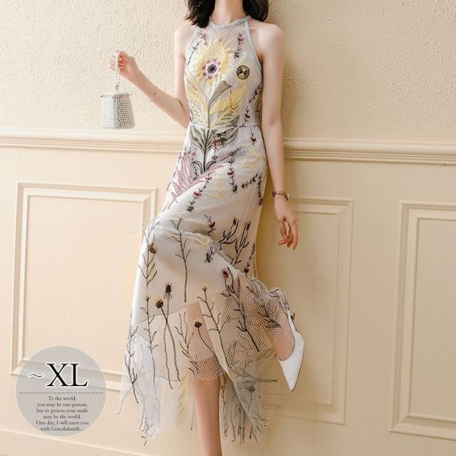 ドレス ラウンドネック 花柄 ノースリーブ レース 透け感 フレア ロングスカート セレブスタイル 優雅 披露宴 フェミニン きれいめ