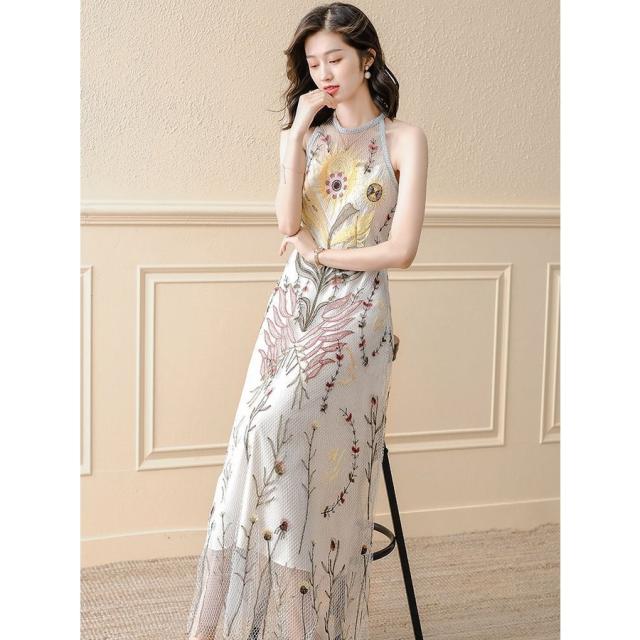 ドレス ラウンドネック 花柄 ノースリーブ レース 透け感 フレア ロングスカート セレブスタイル 優雅 披露宴 フェミニン きれいめ_3