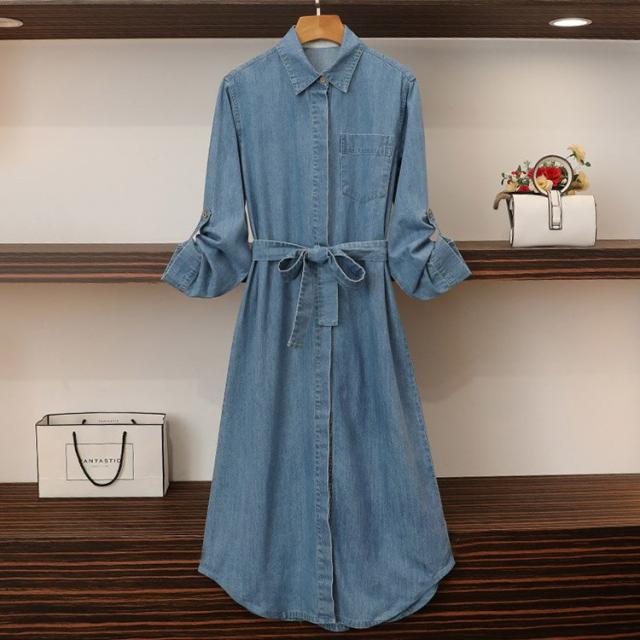デニムワンピース シャツワンピース デニム ワンピース レディース ベルト付き 青 韓国ファッション メール便