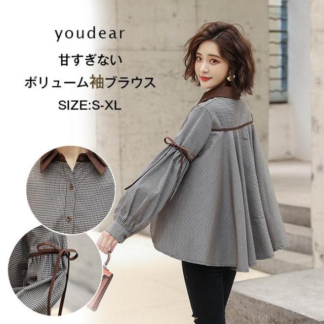 シャツ ブラウス レディース 長袖 プルオーバー トップス オーバーオール 春 バルーンスリーブ ボリューム袖 折襟 ギャザー かわいい 春 夏