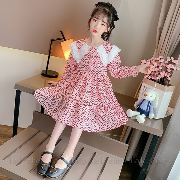 キッズ 長袖 ワンピース 子供服 春秋 キッズワンピース 折り襟 レース ドット柄 子供ドレス 結婚式 ジュニア おしゃれ 可愛い カジュアル 小学生 新品