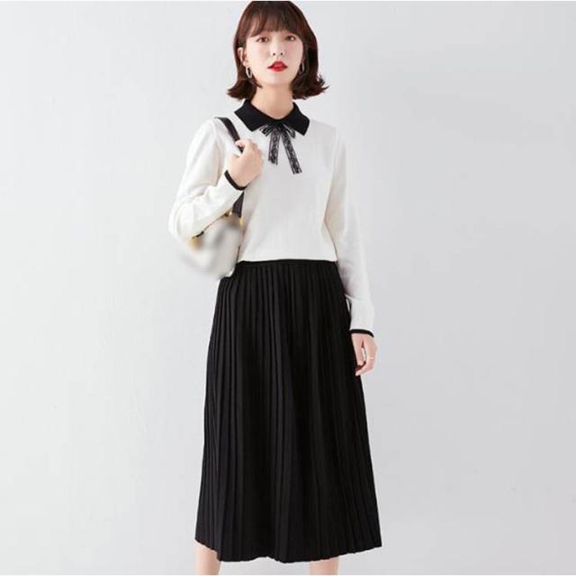 セットアップ レディース カジュアル 40代 春秋 長袖 ニットセーター スカート 膝丈 無地   フォーマル 大きいサイズ おしゃれ 通勤 大人 上品 着痩せ