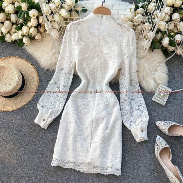 2021新しいレトロなフレンチドレス、ラウンドネック、パフスリーブ、レース、中空メッシュ、かぎ針編み、レディース気質ドレス 2021新しいレトロなフレンチドレス、ラウンドネック、パフスリーブ