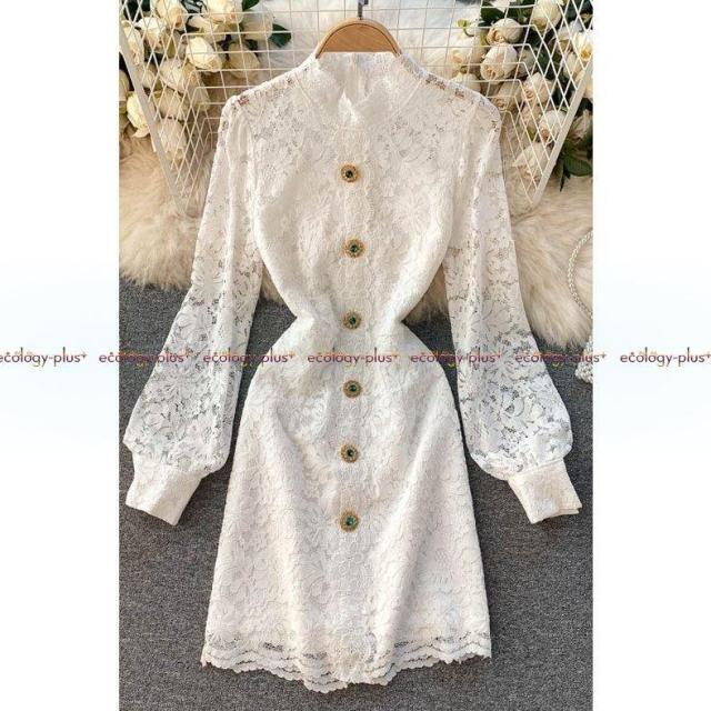 2021新しいレトロなフレンチドレス、ラウンドネック、パフスリーブ