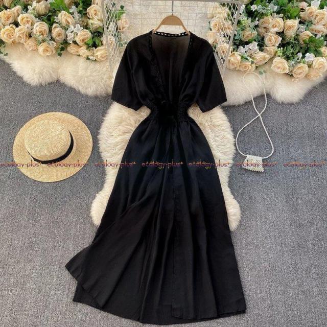 旅行撮影のホリデードレスの女神ファンシンジくり抜かれたウエストは細く、Vネックのロングカーディガン日焼け止めジャケット