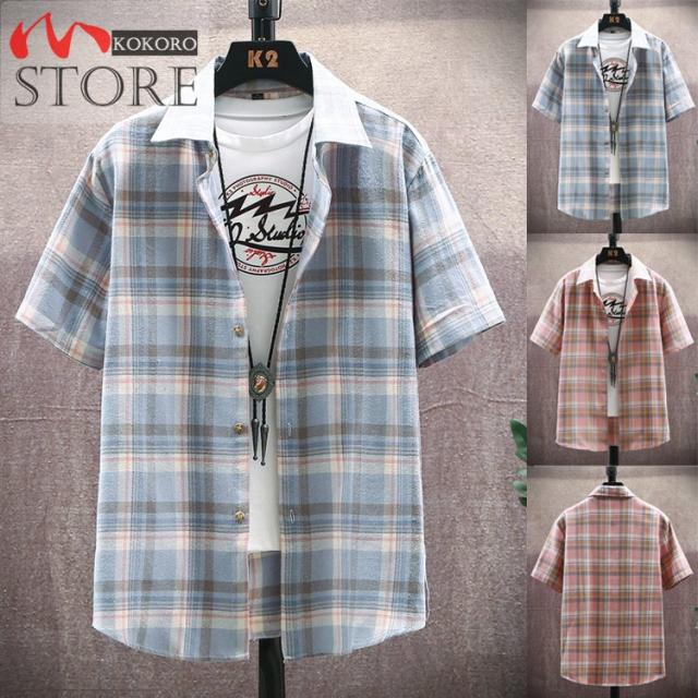 カジュアルシャツ メンズ 半袖 スリム 新作 カラー配色 チェック柄シャツ 半袖シャツ トップス 夏服 おしゃれの通販は 6,350円