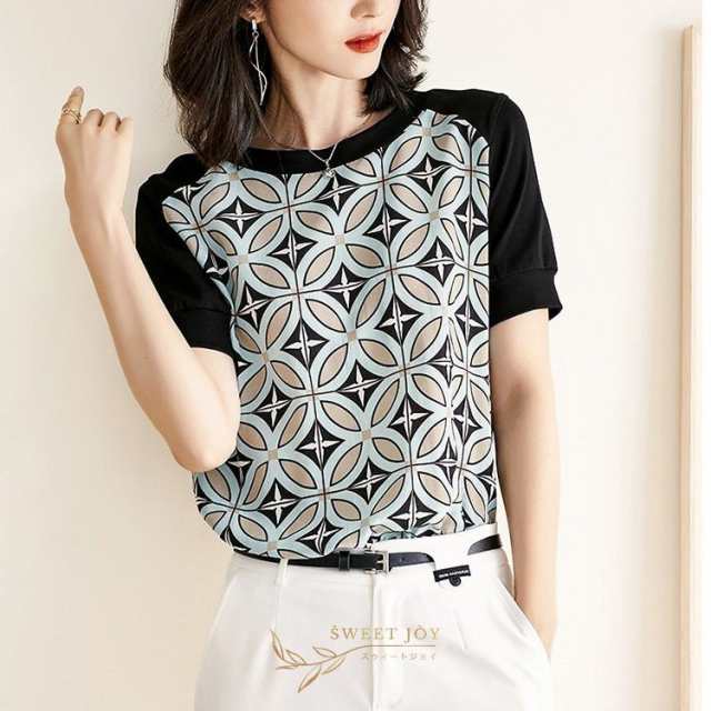 Tシャツ レディース 40代 春夏新作 オシャレブラウス レションTシャツ 半袖トップス 幾何プリント Tブラウス 大人 通勤 ゆったりTシャツ カットソー 30代 50代