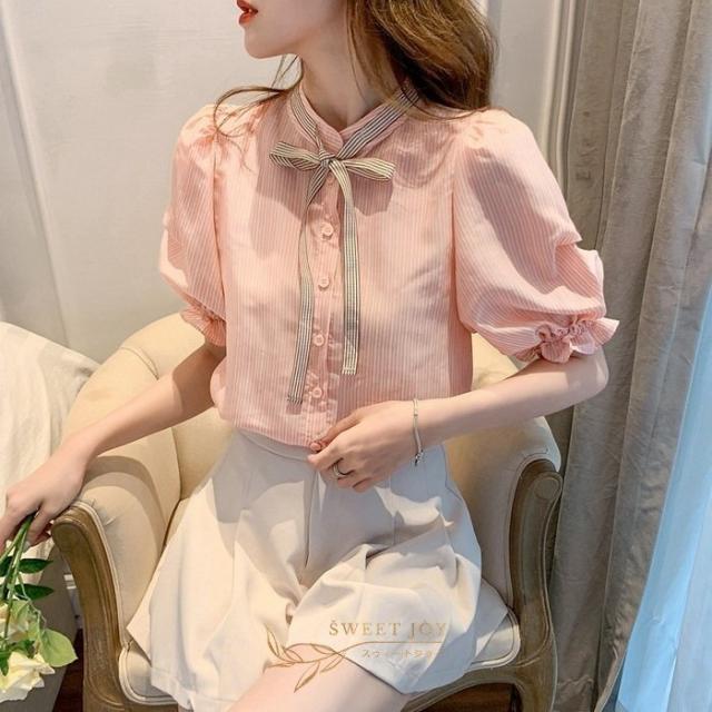 ブラウス レディース 40代 春秋新作 オシャレブラウス ストライプ柄ブラウスリボンネック パフスリーブ 長袖トップス 大人通勤 OL ゆったりシャツ 30代 50代の通販は