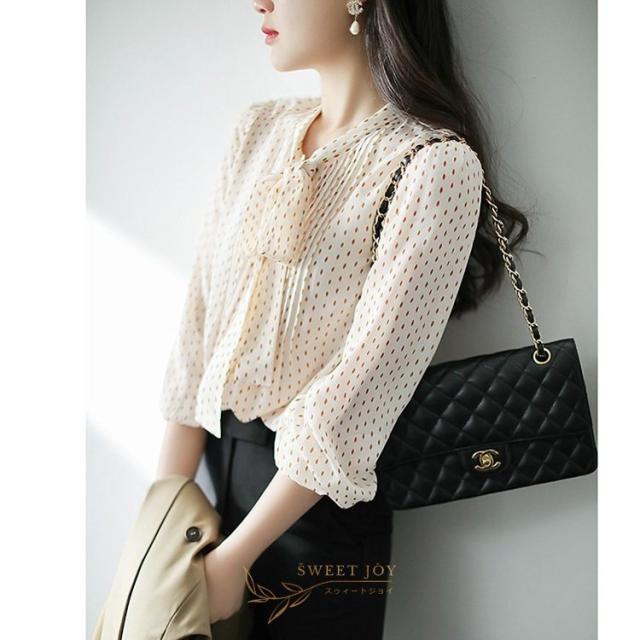 ブラウス レディース 40代 春夏新作 オシャレブラウス シフォンシャツ 長袖トップス ドット柄 リボンネックブラウス パフスリーブ 大人 上品 通勤OL ゆったり