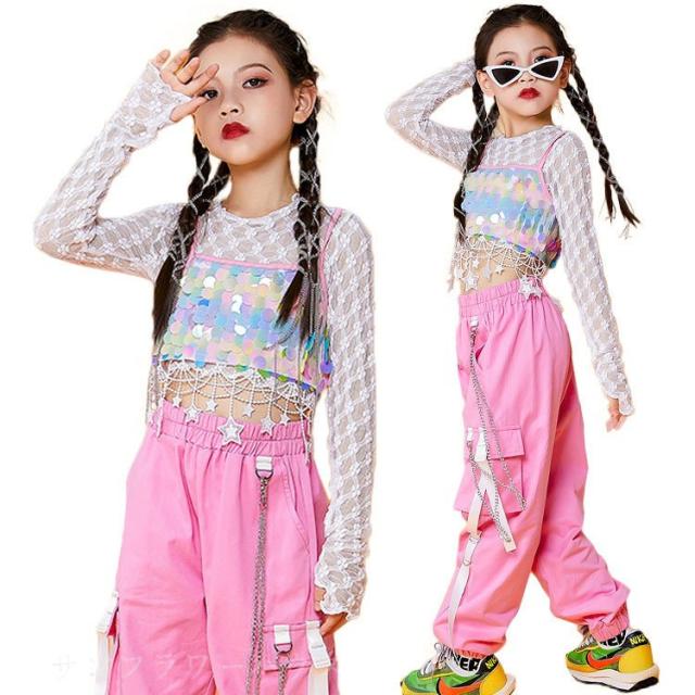 キッズ ダンス衣装 へそ出し スパンコール トップス パンツ 虹色 長袖 女の子 ヒップホップ チアガール キラキラ ジャズダンス 子供 ステージ衣装 韓国 発表会の通販は