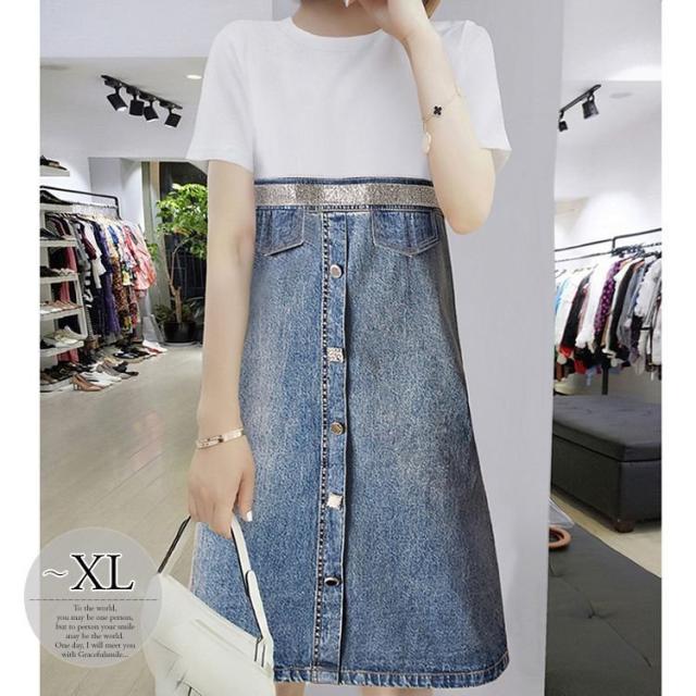 ワンピース ラウンドネック 半袖 デニム調 デザインボタン カジュアルウェア ディナー 大人カジュアル リゾート 清楚 女子会 リモート 食事会