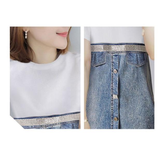 ワンピース ラウンドネック 半袖 デニム調 デザインボタン カジュアル