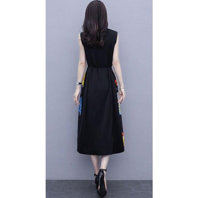 ワンピース プリント柄 ノースリーブ ウエスト紐 大人可愛い 学校行事