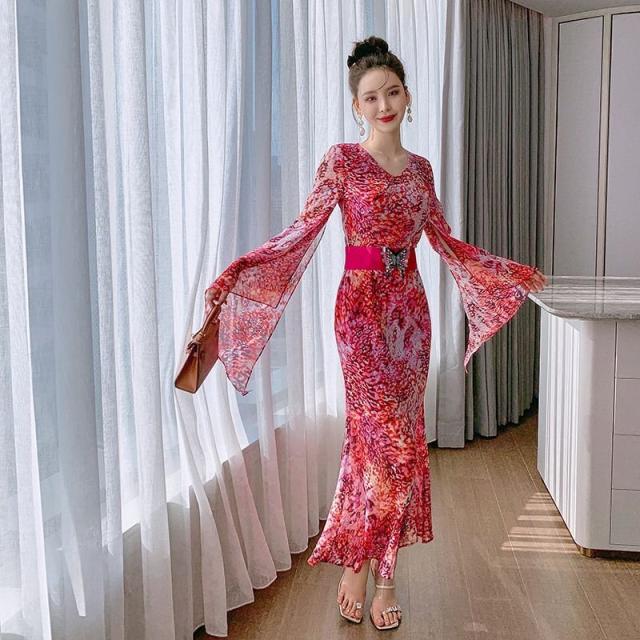 ワンピース ラウンドネック 抽象柄 ウエストシェイプ ロングワンピース 袖デザイン アジアンテイスト 着やせ 女子旅 キレイ目 ママ 女子会 ワンピース ラウンドネック 抽象柄 ウエストシェイプ ロングワンピース