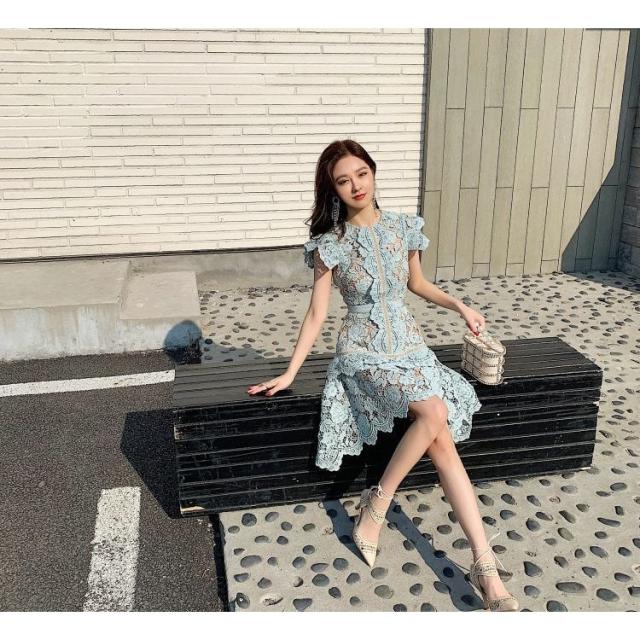 ワンピース クルーネック 総レース 短め ロマンティック ワインイベント ステージ パーティーコーデ 2次会 きれいめ 美脚 ラグジュアリー /_4