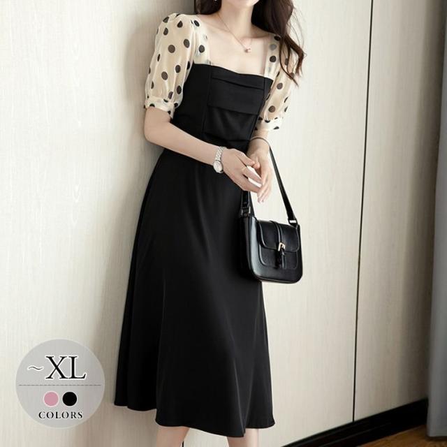 ワンピース ドット柄 パフスリーブ 半袖 透け感 切り替えデザイン 膝下丈 ロマンティック 甘め リゾート 休日 ストリート ママスタイル