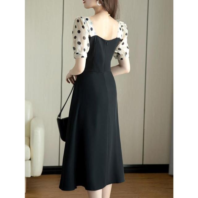 ワンピース ドット柄 パフスリーブ 半袖 透け感 切り替えデザイン 膝下
