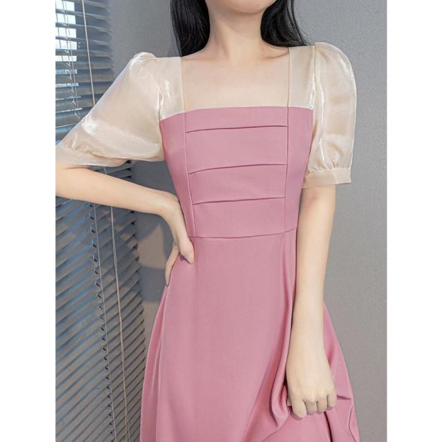 ワンピース ドット柄 パフスリーブ 半袖 透け感 切り替えデザイン 膝下