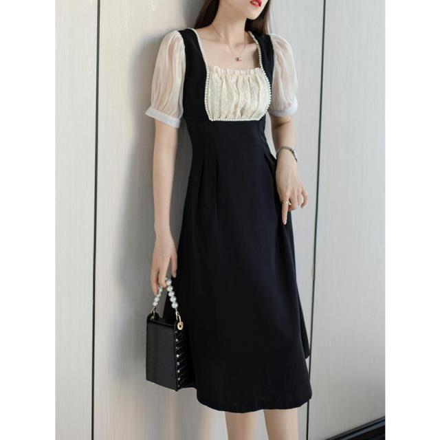 ワンピース ドッキングワンピ パフスリーブ 半袖 Aライン 重ね着デザイン フリル 膝下丈 パール ロマンティック 甘め フェミニン ママ ワンピース ドッキングワンピ パフスリーブ 半袖 Aライン 重ね着