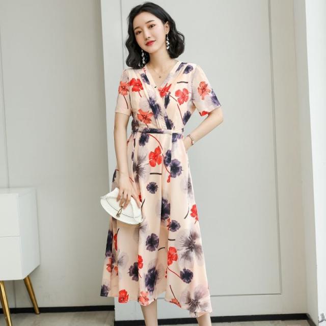 ワンピース 花柄 半袖 ウエスト切替 カシュクール 膝下丈 ヨーロピアン