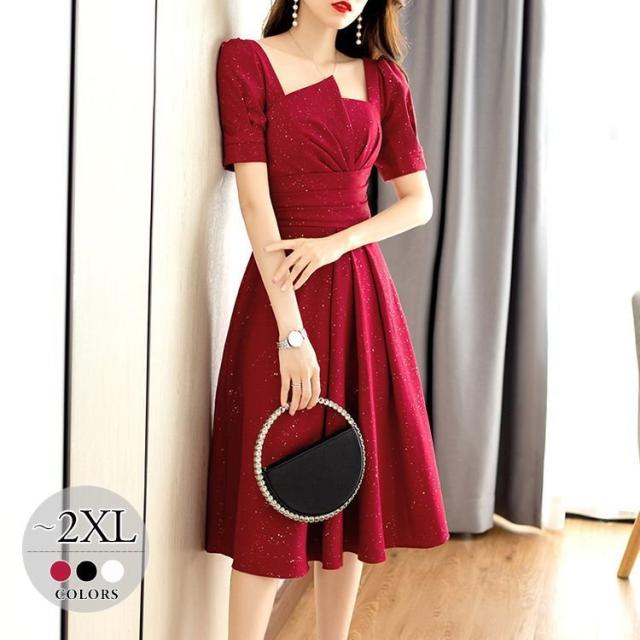 ワンピース パフスリーブ 半袖 Aライン ハイウエスト 膝下丈 SNS映え  母親 クール デート ドライブ 女子会 可愛い ストリート / ワンピース パフスリーブ 半袖 Aライン ハイウエスト 膝下丈 SNS映え