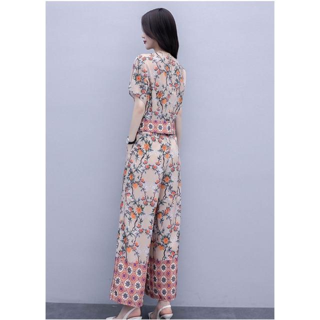 セットアップ ブラウス パンツ 花柄 半袖 Vネック ウエストマーク