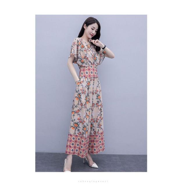 セットアップ ブラウス パンツ 花柄 半袖 Vネック ウエストマーク