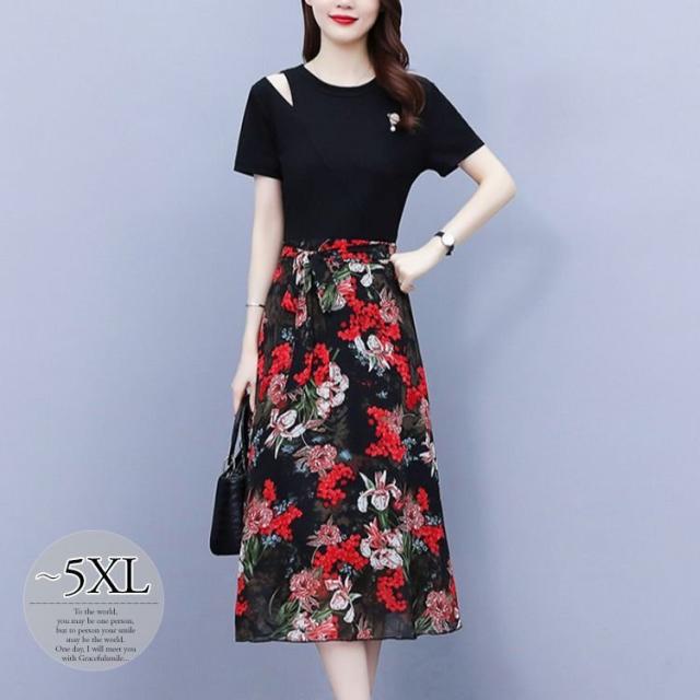 ワンピース プリント柄 花柄 半袖 ウエスト切替 大きいサイズ 母親 女子旅 休日 お出かけファッション 大人カジュアル お出かけ ガーリー