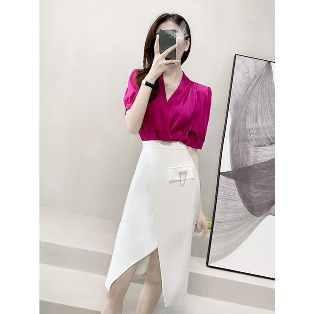 セットアップ ブラウス スカート 半袖 カシュクール 膝下丈 ビジュー セレブスタイル フェミニン ワインイベント 大人可愛い ママ ガーリー セットアップ ブラウス スカート 半袖 カシュクール 膝下丈 ビジュー