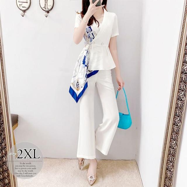 セットアップ ジャケット パンツ スカーフ柄 襟付き 半袖 ボタン モダン 発表会 パーティースタイル お呼ばれ 卒業式 爽やか 学校行事