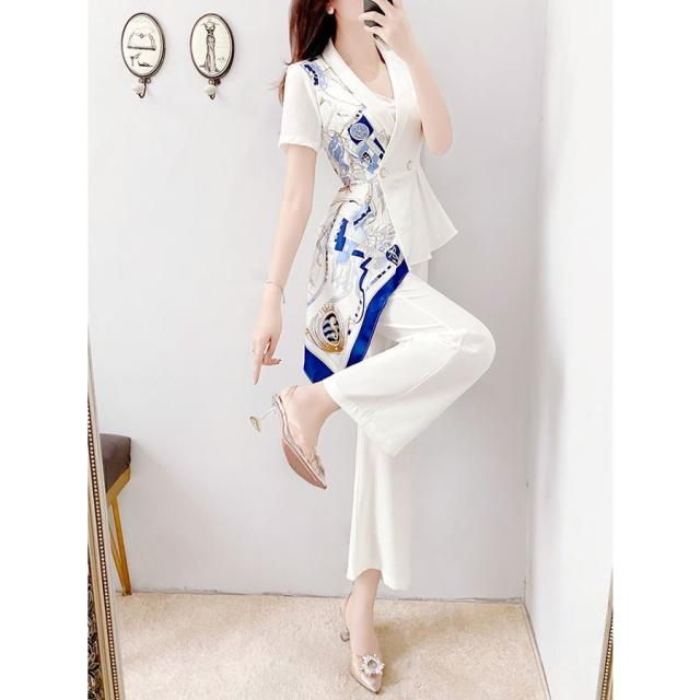 セットアップ ジャケット パンツ スカーフ柄 襟付き 半袖 ボタン モダン 発表会 パーティースタイル お呼ばれ 卒業式 爽やか 学校行事 セットアップ ジャケット パンツ スカーフ柄 襟付き 半袖 ボタン