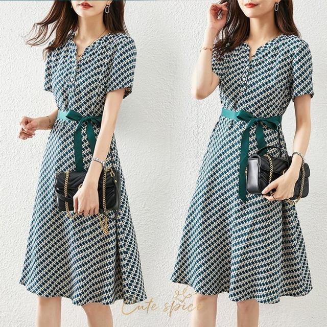 ワンピース レディース 40代 きれいめ 膝丈ワンピース 春夏 半袖ワンピース 幾何プリント リボン Aラインスカート オシャレ大人 ゆったり 韓国風 通勤OL