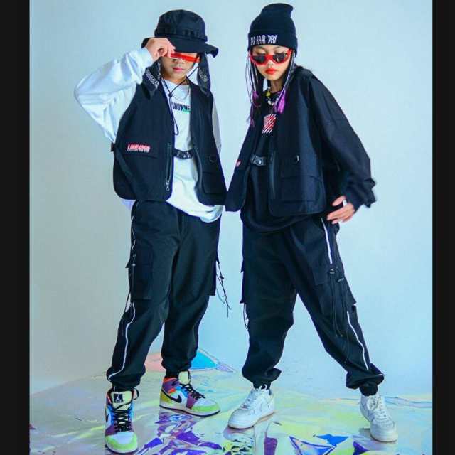 キッズダンス衣装 HIPHOP ヒップホップ 吹奏楽 演出服 ジャーズ ロングパンツ ベスト 長袖 踊り 団体服 アピール 卒業 ブラック 120-170c