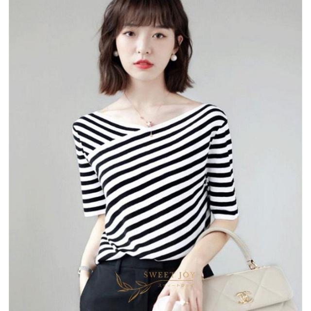 Tシャツ レディース 40代 春夏新作 上品Tシャツ ブラウス ボーダーインナー Vネック 薄手ニット 五分袖トップス カジュアル韓国風 大人 通勤 ゆったりtシャツ