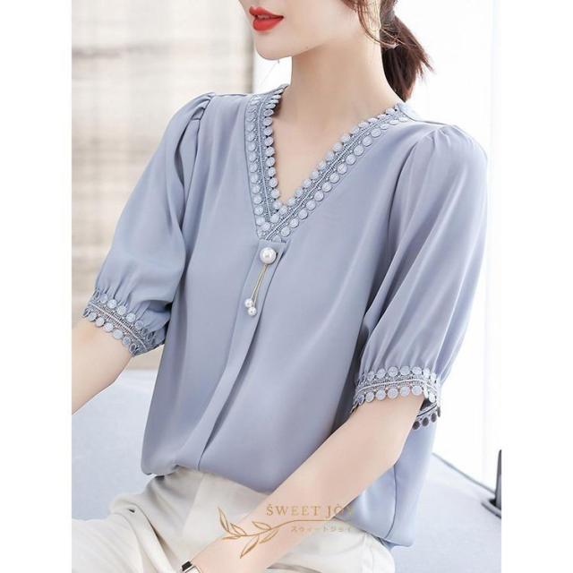 ブラウス レディース 40代 春夏秋新作 オシャレブラウス 白レションシャツ 半袖トップス レースVネックブラウス パフスリーブ 大人 通勤 ゆったりT シャツの通販は 5,168円