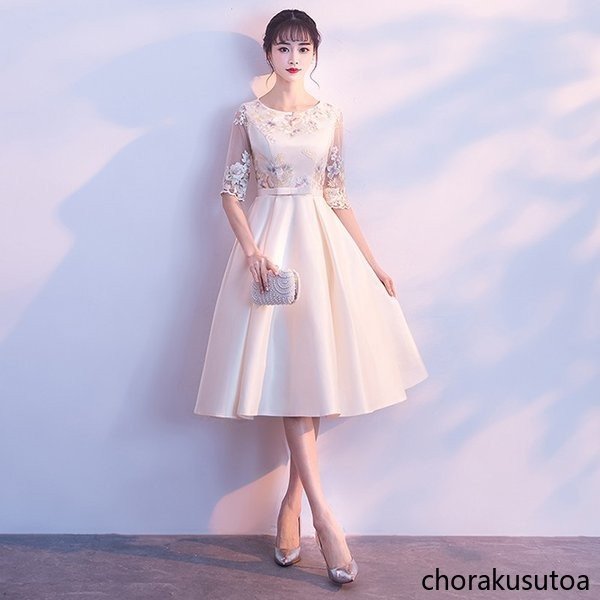 パーティードレス 結婚式ドレス 袖あり ウエディングドレス レース 花柄 ドッキング 着痩せ 大人 上品 お呼ばれ 食事会 二次会 披露宴 卒業式 成人式_2