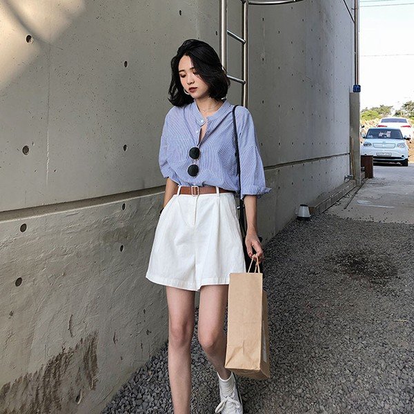 セットアップ レディース 夏 カジュアル 40代 20代 おしゃれ 上下セット シャツ ブラウス 半袖 ストライプ ショートパンツ 大きいサイズ 韓国風 着痩せ 通勤 OLの通販は 6,499円