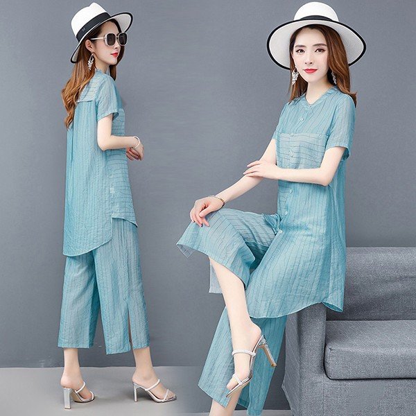 セットアップ レディース 夏 カジュアル 40代 20代 おしゃれ 上下セット シャツ 半袖 ロング ガウチョパンツ 大きいサイズ ゆったり 韓国風 着痩せ 通勤 OL 新品