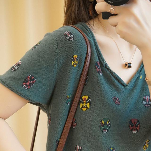 Tシャツ レディース トップス Vネック くまどり 総柄 エスニック 民族風 半袖Tシャツ コットン サマーニット カジュアル 夏向きの通販は