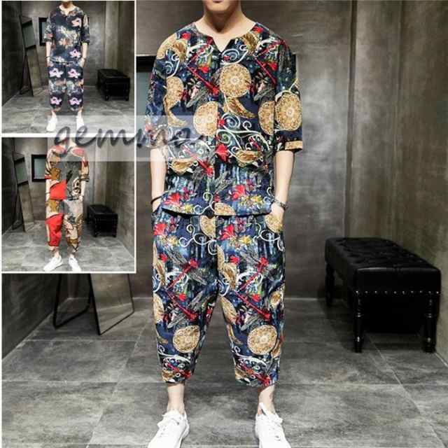セットアップ メンズ Tシャツ サルエルパンツ 綿麻2点セット 花柄 スウェットセット リネンセット プリント 薄手 部屋着の通販は