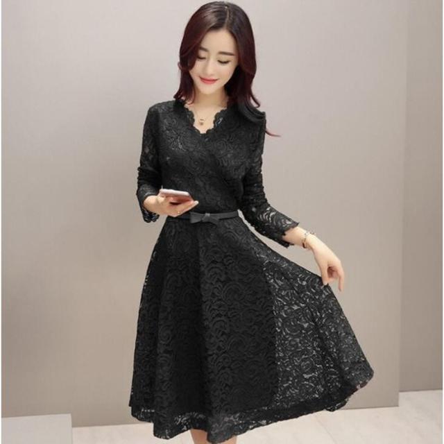 ワンピース ロング丈 無地 レース Vネック長袖 ハイウエスト ベルト