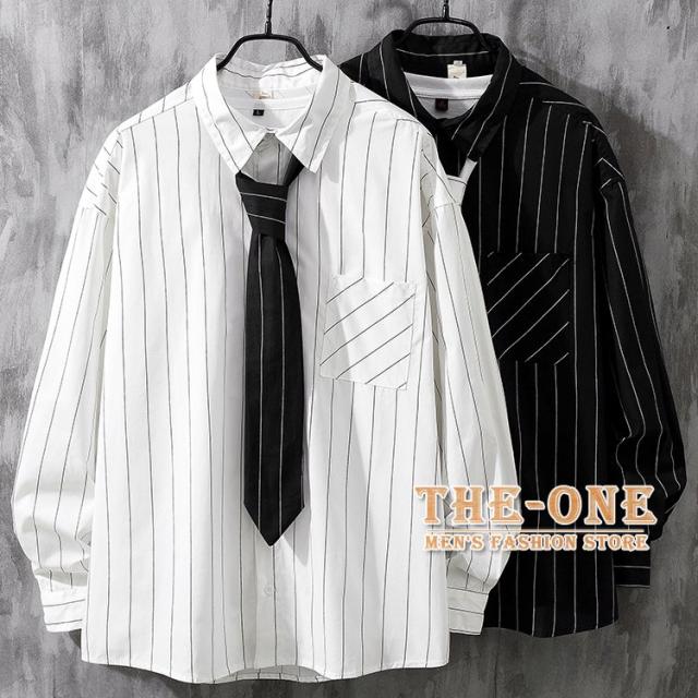 シャツ メンズ 長袖 七分袖 ストライプシャツ ネクタイ付き 大きいサイズ おしゃれ 韓国ファッションの通販は 6,100円