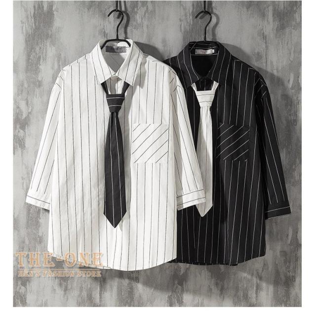 ストライプ ネクタイ付き シャツ 韓国 秋服 メンズ レディース XL ブラック 長袖シャツ メンズ レディース カジュアルシャツ ネクタイ付き