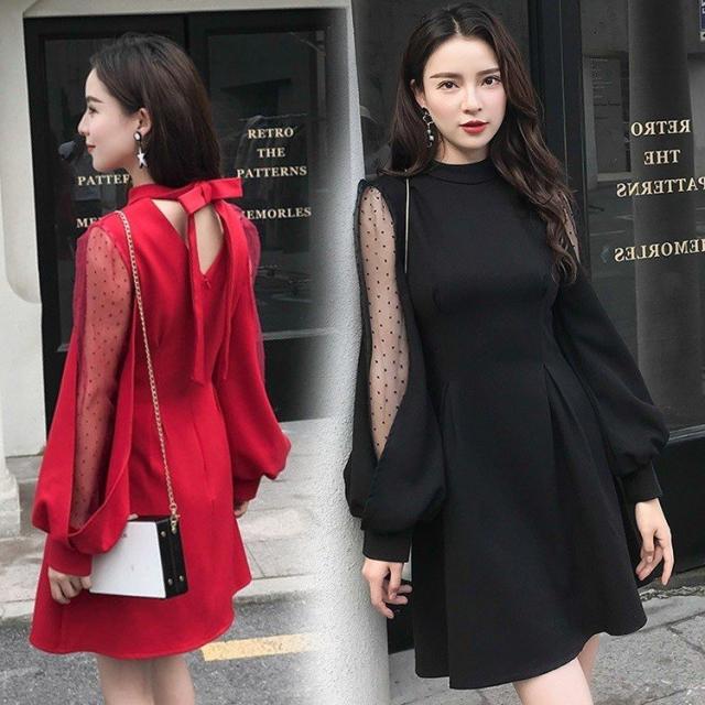 ワンピース レディース 春秋 オシャレ 姫系ドレス パーティー　演奏会　二次会　発表会 立ち襟 ドット 肩出し 背出し 可愛い セクシー きれいめ 蝶結び 2色