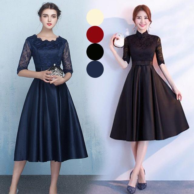 レディース ドレス 五分袖 レース ワンピース 膝丈 無地 プリンセスドレス 花嫁の介添えドレス 結婚式 二次会 パーティー 演奏会 発表会 披露宴